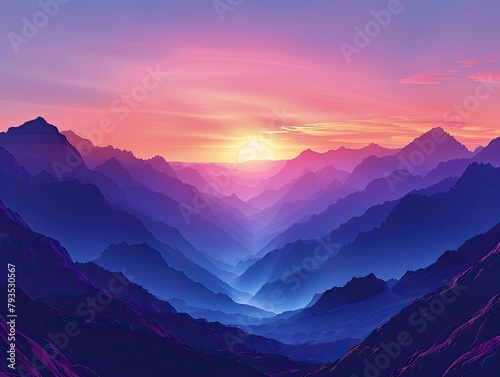 Mountain Sunset - Tranquility - Dusk Calm - A tranquil mountain scene bathed in the warm glow of a sunset, with shadows lengthening over rugged peaks and valleys photo
