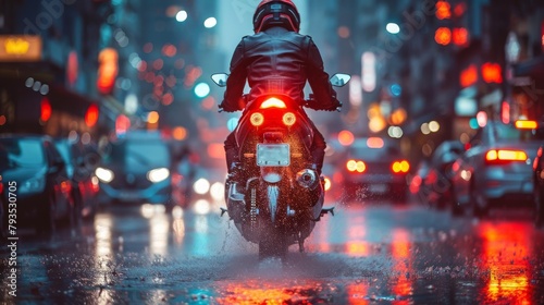 Illustrate a hightech electric police bike in hot pursuit down a rainslicked urban alleyway, its advanced stabilization and traction control keeping it glued to the pavement photo