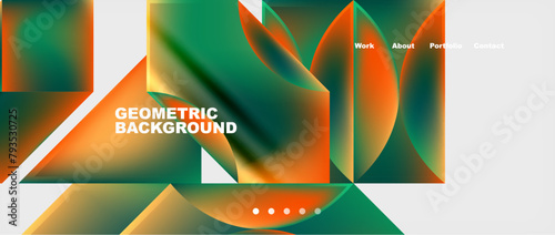 Vibrant geometric background featuring green and orange triangles and squares inspired by terrestrial plants. The pattern includes circles, rectangles, and electric blue accents for an artistic touch