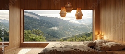 Part of a guest room with pendant lamps in a wooden house with a view of nature --ar 7:3 --v 6.0 - Image #3 @kashif320