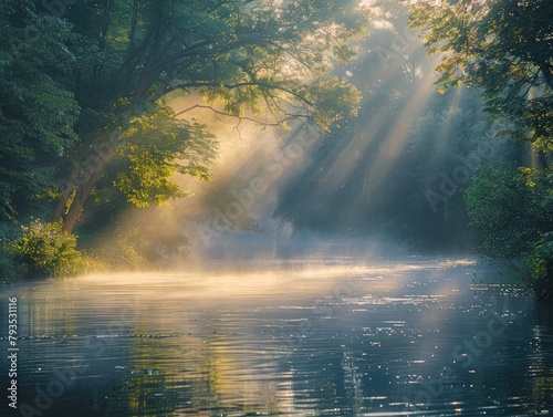 River Reverie - Serenity - Morning Fog - Sunlight breaking through misty trees along a calm riverbank 