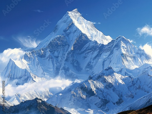 Snow-Capped Peaks - Majesty - Alpine Majesty - Towering snow-capped peaks rising majestically against a clear blue sky, showcasing the breathtaking beauty and grandeur of mountain landscapes