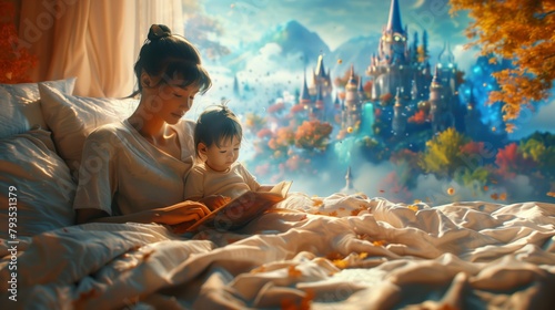 Mother and child reading a storybook in bed with a fantasy castle background. Storytime and family concept. Illustration for children's books, educational and parenting materials. photo