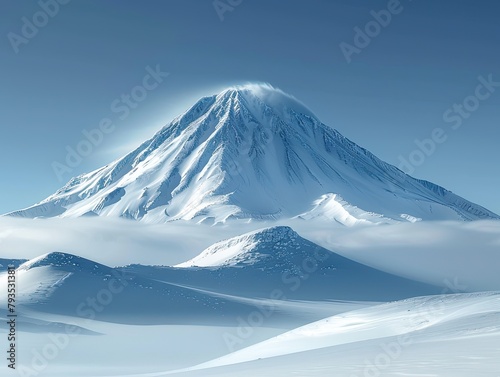 Snowy Mountain Peak - Majesty - Winter Wonderland - A majestic snow-capped mountain peak rising against a clear blue sky, surrounded by a pristine white landscape of untouched snow
