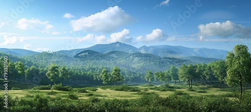 Clear sky by mountain and extensive tree forest 