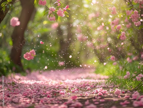 Spring Blossom Bliss - Renewal - Petal Shower - A gentle breeze showering the ground with petals from flowering trees, creating a magical carpet of blossoms 