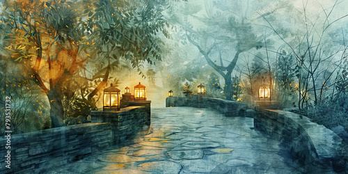 Path to Enlightenment: The Winding Path and Illuminated Lanterns - Imagine a winding path with lanterns lighting the way, symbolizing the path to enlightenment inspired by a deceased leader.