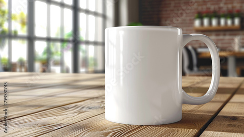 White coffee mug on a wooden table in front of a large window