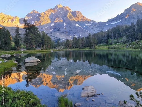 Summit Solace - Peace - Sunrise Serenity - A tranquil mountain lake reflecting the first light of dawn