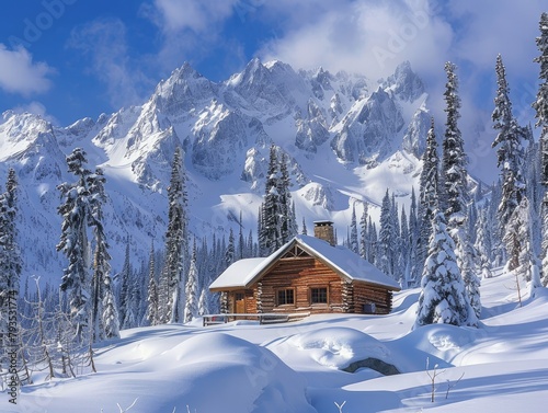 Summit Solitude - Tranquility - Snow-Capped Peaks - A solitary cabin nestled in a snowy mountain valley 