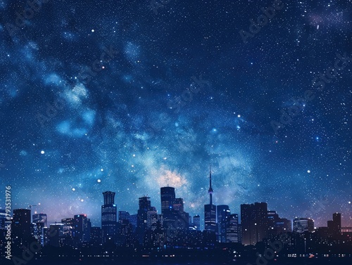 Urban Skyline Night - Majesty - City Lights - The majestic silhouette of an urban skyline against the backdrop of a starry night sky, with city lights twinkling below