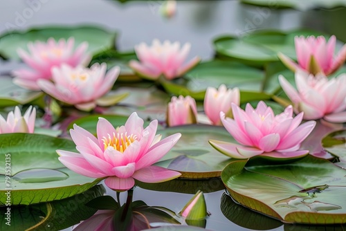 pink lotus lilies flowers in pond over water 