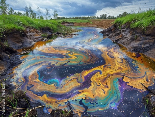 Water Contamination - Pollution - Toxic Spill - An alarming view of a toxic spill contaminating waterways and aquatic habitats, highlighting the catastrophic consequences of industrial pollution