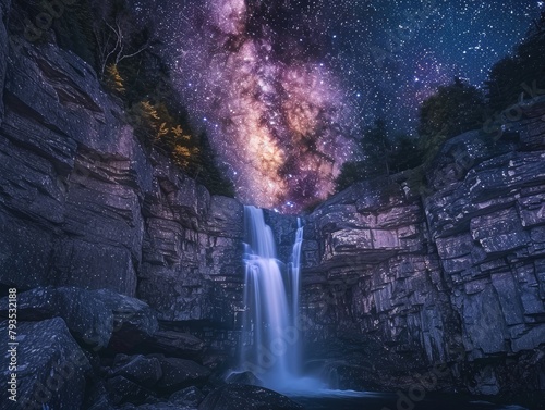 Waterfall Cascade Night - Enchantment - Nighttime Cascade - A mesmerizing waterfall cascading down rocks in the darkness  with the Milky Way galaxy shining above