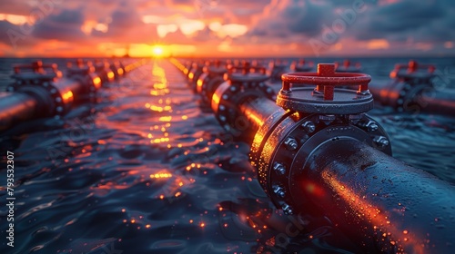 Banner showcasing a row of industrial pipelines and valves with red wheels against the sunrise sky, in a close-up view. 3D illustration. photo