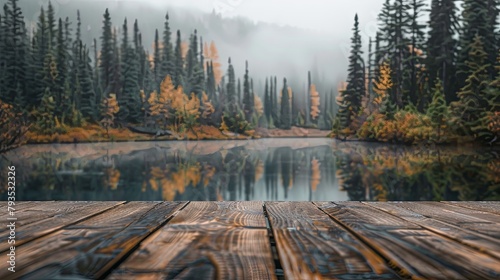 The empty wooden table top with blur background of boreal forest  photo