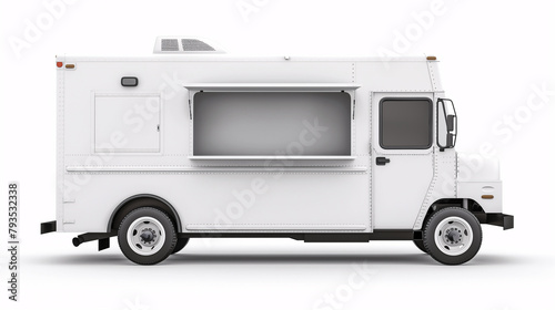 Mockup of white food truck with an open blank window on the side on a plain white background.