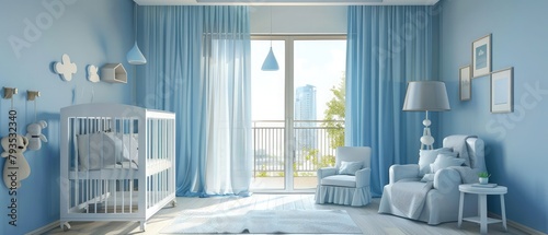 Spacious blue baby room with cot, armchair, balcony, window curtain, small table and chairs --ar 7:3 --v 6.0 - Image #4 @kashif320