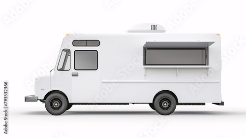 Mockup of white food truck with an open window on the side on a plain white background.