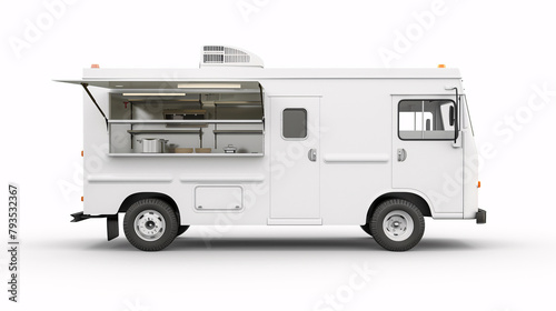 Mockup of white food truck with an open window on the side with some kitchen stuff on a plain white background.