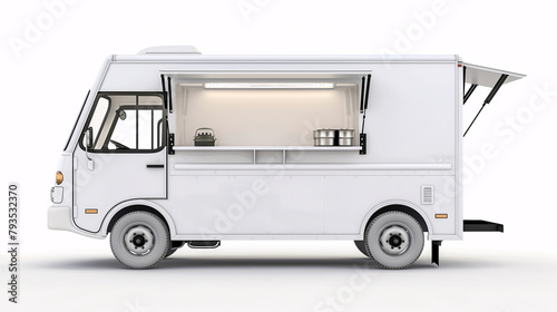 Mockup of white food truck with an open window on the side with lighting and some stuff on a plain white background.