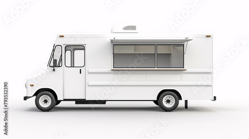 Mockup of white food truck with an open window with blank space on the side on a plain white background.