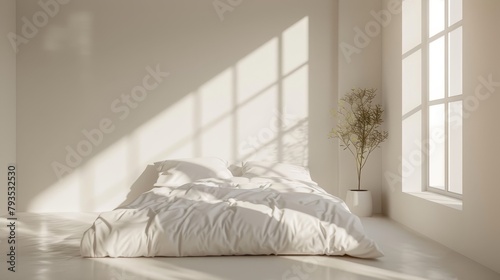 Contemporary ivory bedroom, minimalist style with a sunlit window highlighting a plush, simple bedding arrangement