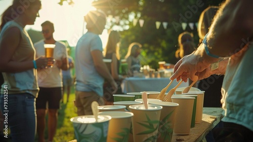 People at a festival using biodegradable utensils