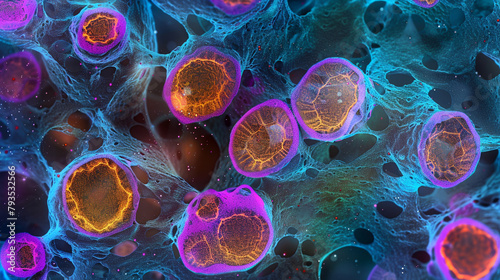 : A confocal microscope image of fluorescently labeled cells, photo