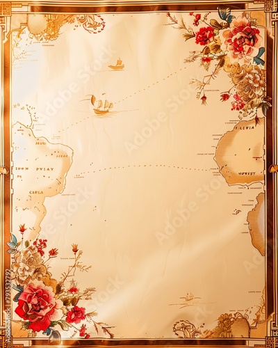 An old world map featuring historical trade routes for coral and antique goods, faded parchment and intricate lines