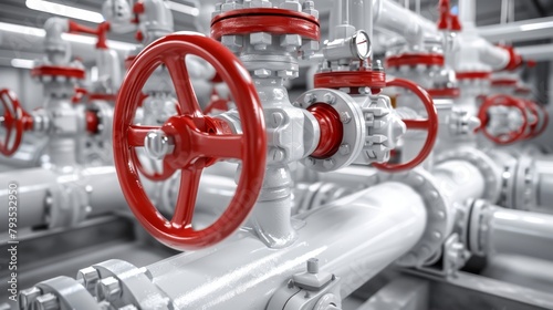 Detailed industrial pipelines and valves with red wheels stand out against a white background in a close-up view. © Elchin Abilov