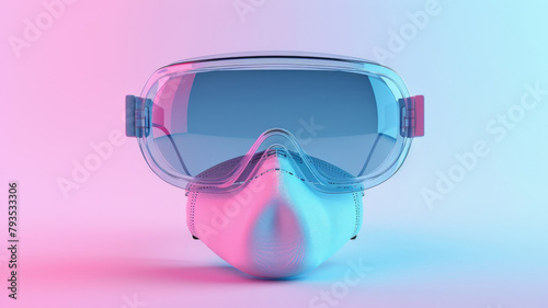 Reflective safety goggles and a blue surgical mask featured on a blue to pink gradient background  emphasizing healthcare protection.