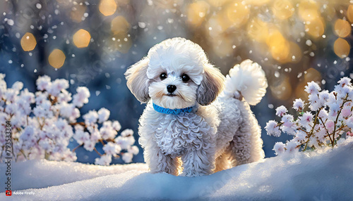 귀욤뽀짝 깜찍 귀요미 댕댕이 강아지 토이푸들 반려견 멍멍이 하얀눈꽃송이 눈밭 흰 눈 파란목줄 toypoodle 센치해보이는 강아지표정 photo