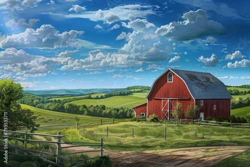 Red barn in rural setting with rolling hills