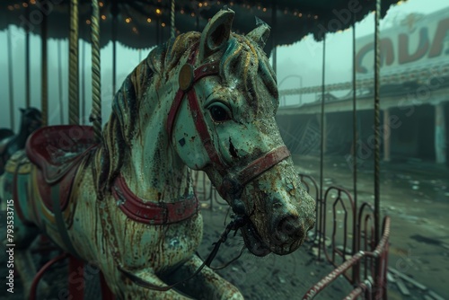 Abandoned carousel horse in forgotten amusement park