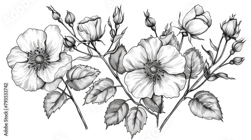 Hand-drawn sketch of rosa canina flower presented in black and white with line art illustration. photo