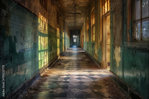 Sunlight streaming through the windows of an abandoned corridor