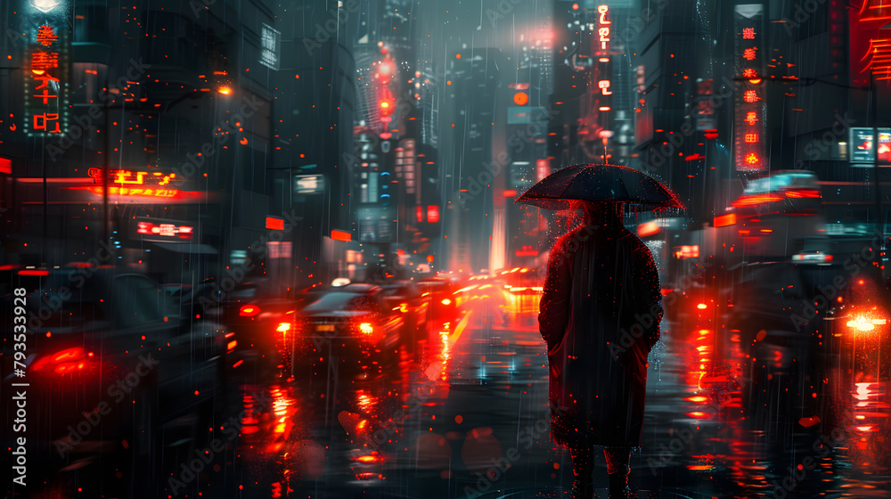 Urban Cyberpunk Lifestyle. Person in Raincoat and Umbrella in Futuristic Cityscape, Modern Technology and Urban Street Life. Futuristic Rainy Day in Cyberpunk City. Human with Coat. Urban Cyberpunk Lifestyle. Person in Raincoat and Umbrella in Futuristic Cityscape, Modern Technology and Urban Street Life. Futuristic Rainy Day in Cyberpunk City. Human with Coat.