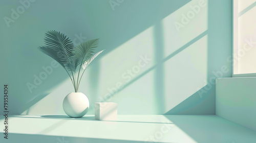 A minimalist interior scene with a spherical vase holding delicate green palm leaves, casting soft shadows in sunlight.