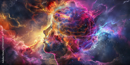 Mind Expansion: The Cosmic Brain and Exploding Thoughts - Visualize a cosmic brain with thoughts exploding outward, symbolizing the expansion of consciousness during a psychedelic experience