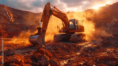 Wallpaper Mural Illustration of an excavator working with red soil, creating a dusty environment. Torontodigital.ca