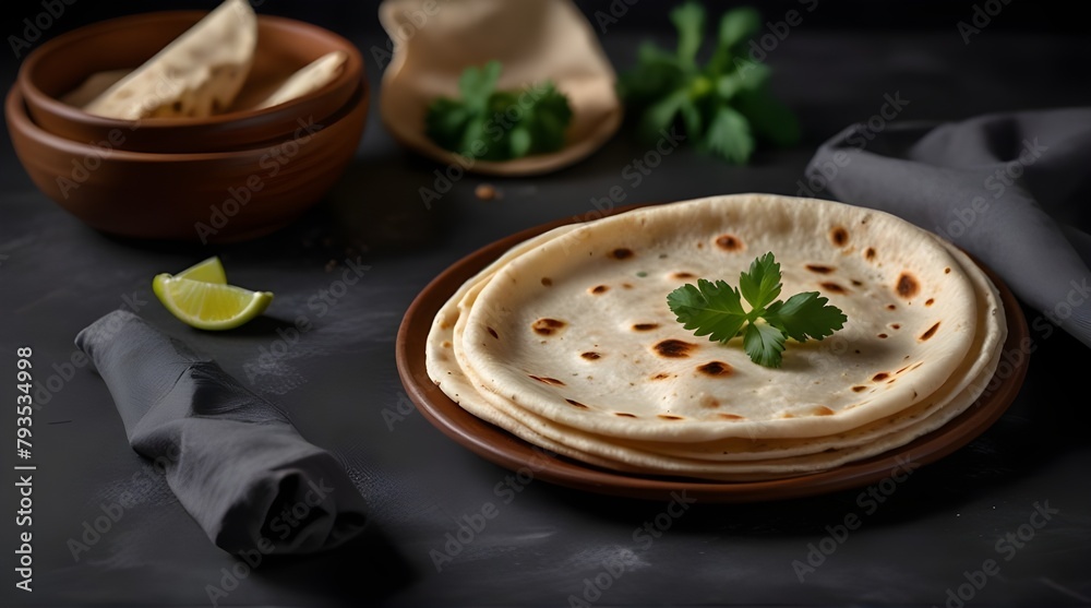 Chapati, traditional tortillas with fresh parsley on a graphite background.generative.ai