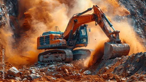 Illustration of an excavator working with red soil, creating a dusty environment.