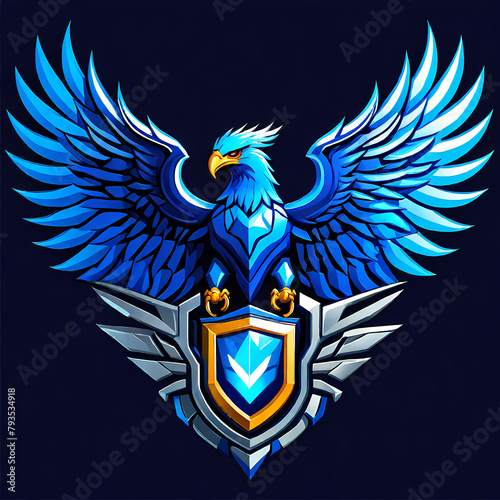 A blue eagle with a shield and a crown on its head