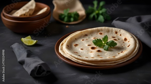 Chapati, traditional tortillas with fresh parsley on a graphite background.generative.ai