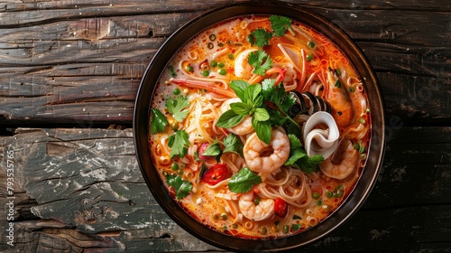 A beautifully arranged Thai Yentafo in a traditional noodle bowl, vibrant pink broth, a variety of seafood toppings like squid and shrimp, and fresh herbs prominently displayed Soft, diffused lighting
