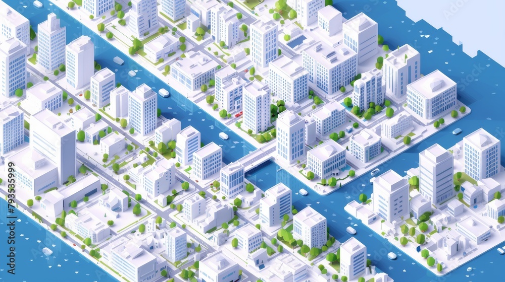 Isometric map or scheme of city with downtown, industrial district ...