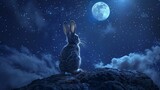 A whimsical rabbit on the moon, in a noisefree, ultraHD setting, highlighting detailed lunar textures and a starstudded sky