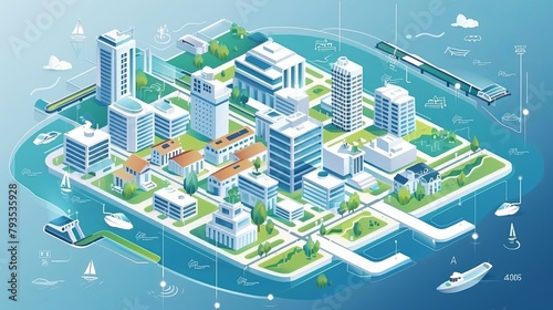 Isometric map or scheme of city with downtown, industrial district, suburban area, paper white buildings, houses and river. Infographic design template. Modern vector illustration for navigation photo