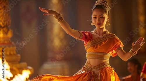 An animeinspired Thai dancer in a silk national costume, elegantly dancing in homage to the gods, depicted in vivid 4K HD, cinematic style